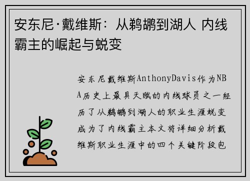 安东尼·戴维斯:从鹈鹕到湖人 内线霸主的崛起与蜕变 安东尼·戴维斯:从鹈鹕到湖人 内线霸主的崛起与蜕变