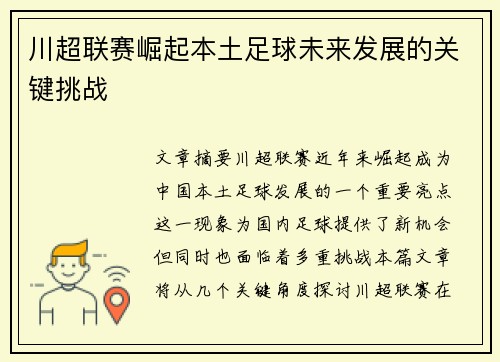 川超联赛崛起本土足球未来发展的关键挑战 川超联赛崛起本土足球未来发展的关键挑战