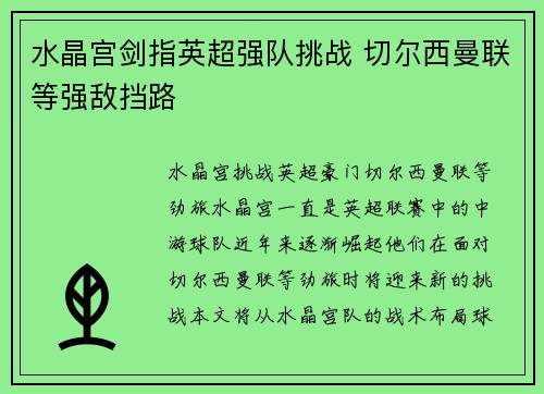 水晶宫剑指英超强队挑战 切尔西曼联等强敌挡路